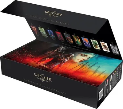 A black gift box for The Witcher 3: Wild Hunt game, featuring artwork and game title.