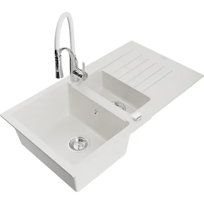 Obrázek produktu pro Mexen Matias 1,5-miskový granitový dřez s odkapávačem a kuchyňskou baterií Aster, Bílá - 6502-20-73450-02
