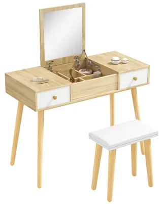 Image de Table de maquillage – Meuble de chambre – Deux tiroirs – Tabouret rembourré – Dimensions : 100 x 45 x 118 cm