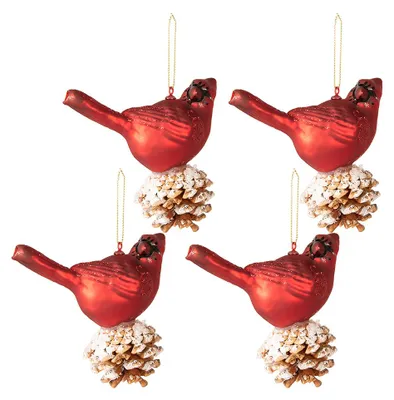 Produktbild von Clayre & Eef Weihnachtskugel 4er Set Vogel 11x6x12 cm Rot Weiß Glas