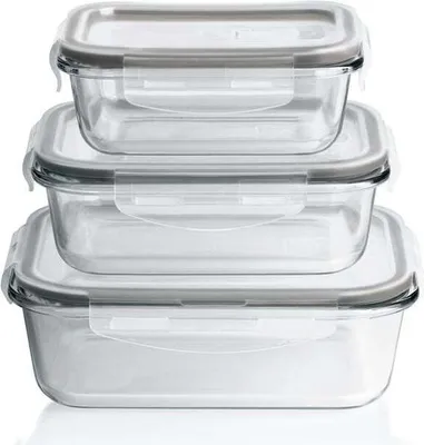 A stack of three glass food storage containers with gray lids.