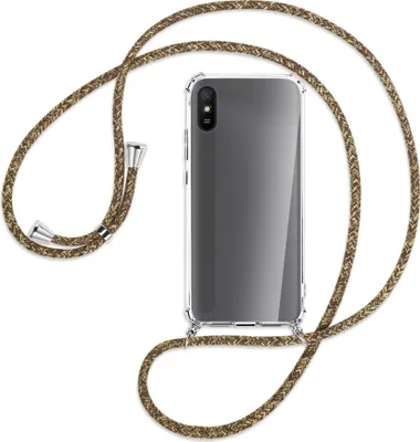 Produktbild von Handykette Backcover-Schutzhülle mit Band (Metall silberfarben) für Xiaomi Redmi 9A - braun+beige