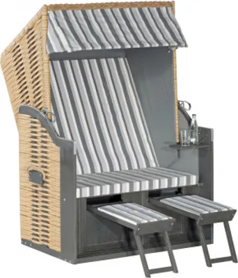 Produktbild von Rustikal Strandkorb 15 Z, zerlegt zum Selbstaufbau, 2-Sitzer Halblieger Ostseeform, Geflecht Naturoptik, Akazienholz grau lasiert, Strukturpolyester gestreift ca.120x80x160