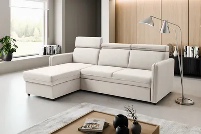 Produktbild von BARCELO Universelles Ecksofa 220x165 cm L-Form mit: Schlaffunktion, Bettkasten & Verstellbare Kopfstützen, Hellbeige - Enjoy New 01