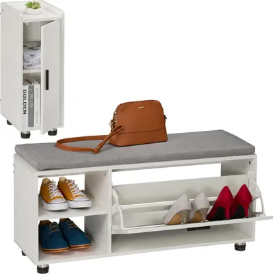 Produktbild von Relaxdays Schuhbank mit Sitzfläche & Schrank, Set, Schuhschrank mit Sitzbank, Stauraum, Flur & Schlafzimmer, weiß-grau
