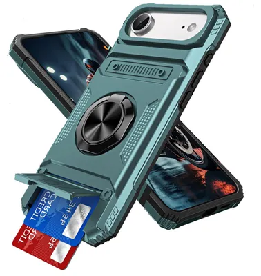 Produktbild von Dual Layer Hülle für iPhone 17 Air mit Kartenhalter, Magnetische Ring Ständer Militärschutz Stoßfeste Handyhülle Grün