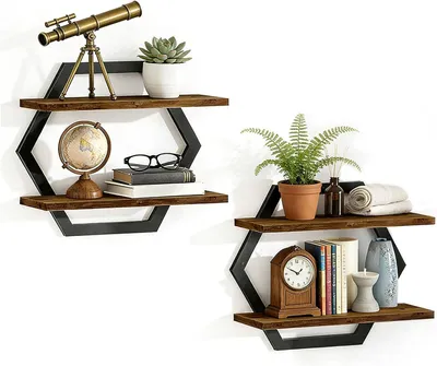 Produktbild von Hängeregal 2er-Set Wandregale, Holz und Metall, schwebendes Regal, Wandregal, 2 Etagen, Hängeregal für Wohnzimmer, Schlafzimmer, Küche, Büro (schwarz)