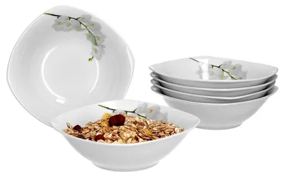 Produktbild von Van Well Vanda weiße Orchidee 6er Set Müslischale, Suppenschale, kleine Schale, Ø 14,3 cm, 300 ml, Blumendekor, edles Marken-Porzellan