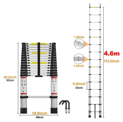 Immagine prodotto di Scala telescopica - Scala a pioli pieghevole - 4,4 metri - Acciaio inossidabile - 2 ganci rimovibili - Ideale per lavori
