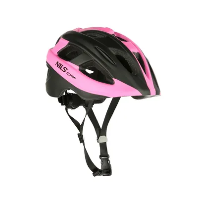 A pink and black bicycle helmet.