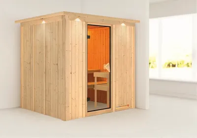 Produktbild von Elementsauna Karibu Sodina ohne Ofen mit Dachkranz und bronzierter Ganzglastüre