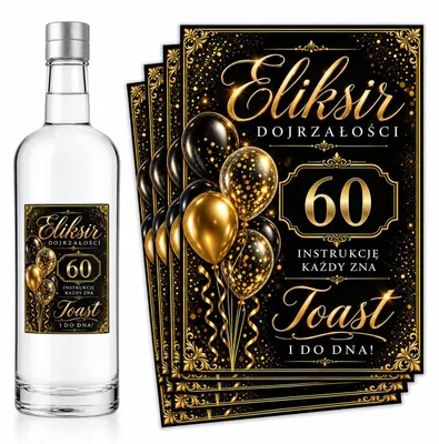 Obrázek produktu pro Etikety na lahve – k 60. narozeninám – „Eliksir Dojrzałości” – černá a zlatá – 8 ks