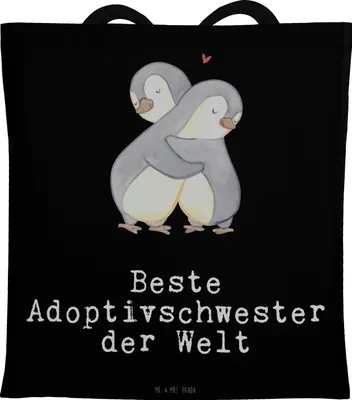 Produktbild von Mr. & Mrs. Panda Alltagstasche Pinguin Beste Adoptivschwester der Welt - Schwarz - Geschenk, Stoffbeutel, tasche baumwolle, Geschwister, Tochter, Geschenkidee, Familie