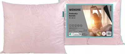 A pink pillow is shown in its packaging with a marketing label.