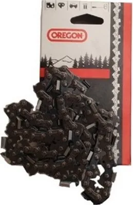 A chainsaw chain is shown partially unwrapped from its packaging.