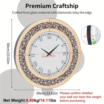 Image de Horloge mural - Horloge - Horloge de table - Horloge rond - 60 cm - Design en cristal - Mouvement quartz silencieux