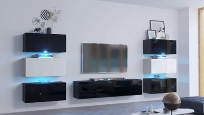 Obrázek produktu pro Furnitech Obývací stěna - Nábytek do obývacího pokoje s LED Blue - Moderní závěsná skříňka - Obývací stěna s policemi a TV skříňkou (Henri AN72-19BW-HG4 -1B - 316cm)