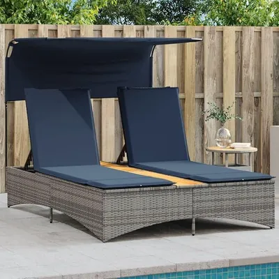 Produktbild von Doppel Sonnenliege mit Dach und Kissen Grau, Polyrattan Gartenliege wetterfest, verstellbar 5 Fach, Balkon Terrasse Pool Outdoor Camping, ergonomisch mit Sonnenschutz und Auflage