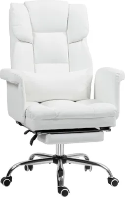 Zdjęcie produktu dla Ergonomiczne krzesło biurowe, białe, ze sztucznej skóry, z podnóżkiem, z regulacją wysokości, krzesło biurkowe z funkcją odchylania do 155°, krzesło komputerowe, z podparciem lędźwiowym, krzesło obrotowe, fotel szefa, nośność 120 kg