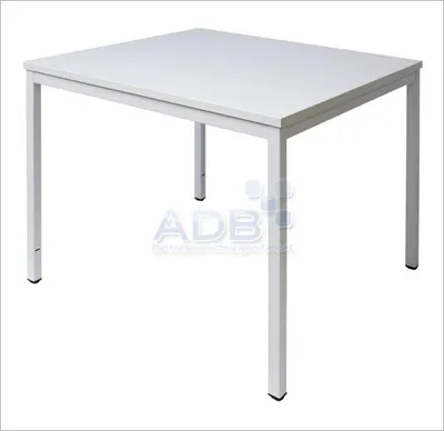 A white office desk with a metal frame against a white background.