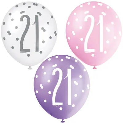 Produktbild von 6 Luftballons rosa & silber Zahl 21