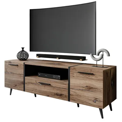 A TV stand with a TV and accessories on a white background.