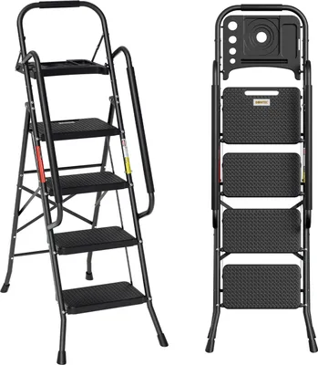 Produktbild von Hengda klappbar Trittleiter Leiter 4-Stufen Anti-Rutsch-Pedal Tritt-Leiter Klapptritt Tritthocker Klappleiter bis 150kg Abnehmbare Armlehnen Stahl