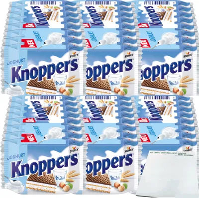 Produktbild von Knoppers Joghurt Waffelschnitte mit Joghurt und gehackten Haselnüssen 6er Pack (6x 8x25g Packung) + usy Block