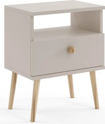A modern beige nightstand with wooden legs and a single drawer.