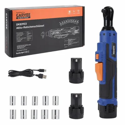 Produktbild von 21V Akku Schlagschrauber 3/8 Zoll, 45Nm 300 U/min Kabellose Elektrische Ratsche Set mit 2 Akkus, 10 Nüssen & LED-Licht, Elektrischer Akku-Ratsche