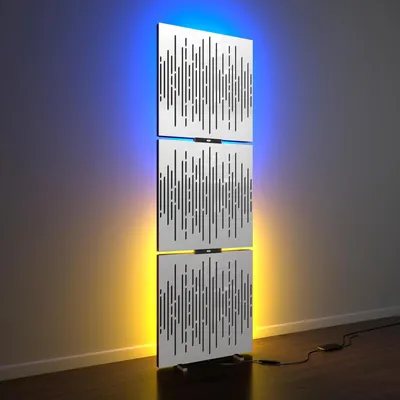 Produktbild von 3er-Pack – Akustikpaneele „WAVE” mit Stehleuchte RGB-Licht | Mobiler LED-Akustikständer mit Hintergrundbeleuchtung |150x50x5cm|Weißer Kunststoff