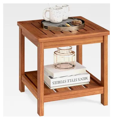 Produktbild von Wetterfester Beistelltisch aus Holz mit Ablagefach, kleiner quadratischer Gartentisch für Balkon, Terrasse, 45 x 45 x 44 cm