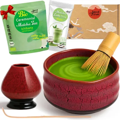 Produktbild von Matcha Teezeremonie Set "Yogan" mit Schale, Besen, Besenhalter & Matchapulver + Cocos – edles Komplettset für Matcha-Genuss und Zeremonie