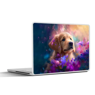 Produktbild von MuchoWow® Laptop Aufkleber Sticker Cover Hund - Welpe - Sonne - Blumen - Golden Retriever 30x21 cm - Sticker für Laptop - Selbstklebend