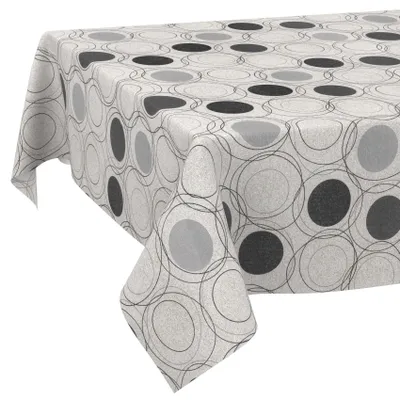 Obrázek produktu pro Ubrousek na stůl, rozměry 180 x 140 cm, s motivem kruhů, šedé barvy, vyrobený z bavlny a polyesteru, vhodný pro použití v zahradě