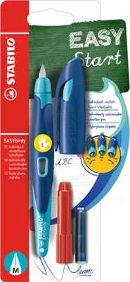 Produktbild von Ergonomischer Schulfüller für Linkshänder mit Standard-Feder M - STABILO EASYbirdy in mitternachtsblau/azur - Einzelstift - Schreibfarbe blau (löschbar) - inklusive Patrone und Einstellwerkzeug