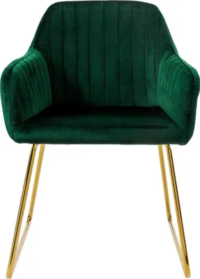 A green velvet dining chair with gold legs, shown from the front on a white background.