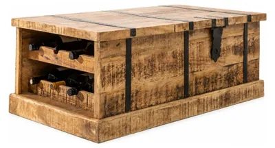 Produktbild von Couchtisch TRESORO 100 cm aus massivem Mangoholz mit Flaschenlagerung