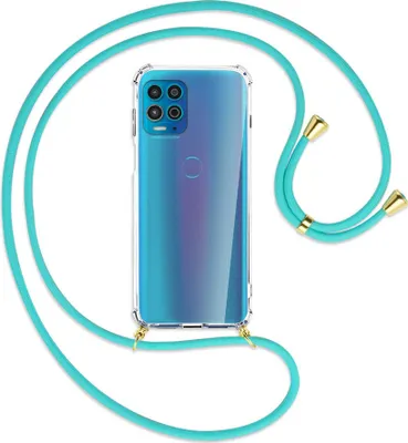Produktbild von Handykette Backcover-Schutzhülle mit Band (Metall goldfarben) für Motorola Moto G100 - türkis