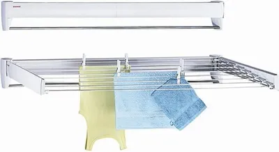 Two wall-mounted drying racks against a white background. The top rack is retracted and empty. The bottom rack is extended and has clothes hanging on it.
