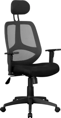 A black office chair with a mesh back and headrest is shown against a white background.