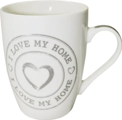 Produktbild von Kaffeetasse "I love my home" Henkel Tasse mit Herz Porzellan Becher Weiß mit Grau