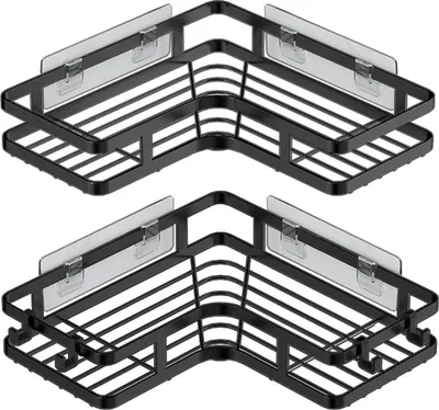 Produktbild von Duschablage ohne Bohren Schwarz Eckregal 2er-Pack mit Haken
