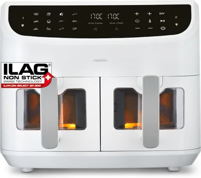 A white dual-zone air fryer with a digital display and control panel.