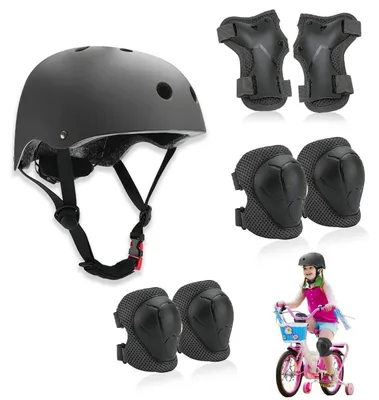 Produktbild von Schutzausrüstung Kinder mit Helm, Knieschoner Set für Fahrrad, Skateboard, Scooter, Atmungsaktiv & Verstellbar, Schwarz