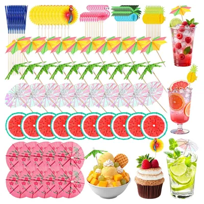 Produktbild von Cocktail Deko Set - 100 Stück wiederverwendbares Zubehör mit Schirmchen und Feuerwerk-Sticks - für tropische Themenpartys und Strandbars