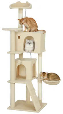 Produktbild von PawHut Kratzbaum mit 2 Höhlen Korb für 1-3 Katzen 160 cm hoch Beige