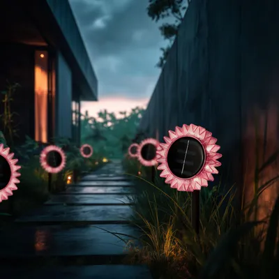 Imagen del producto de Lámpara solar para jardín, diseño de girasol, color rosa – Lámpara LED para exteriores – Se puede colocar de pie o colgar – Luz blanco cálido – Resistente al agua (IP44) – Decoración para jardín y terraza [11761A], Imagen generada por IA