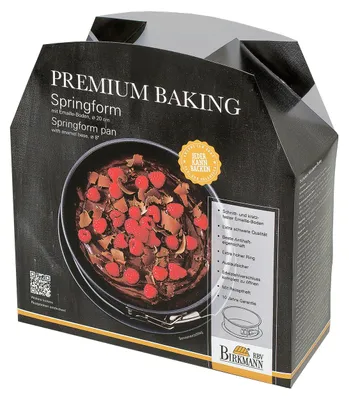 A product box for a springform pan, featuring an image of a cake.