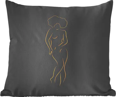 Produktbild von MuchoWow® Zierkissen Sofakissen Wohnzimmer Dekokissen 40x40 cm Frau - Schwarz - Gold - Strichzeichnung - Foto Kissen - Schlafzimmer Dekoration